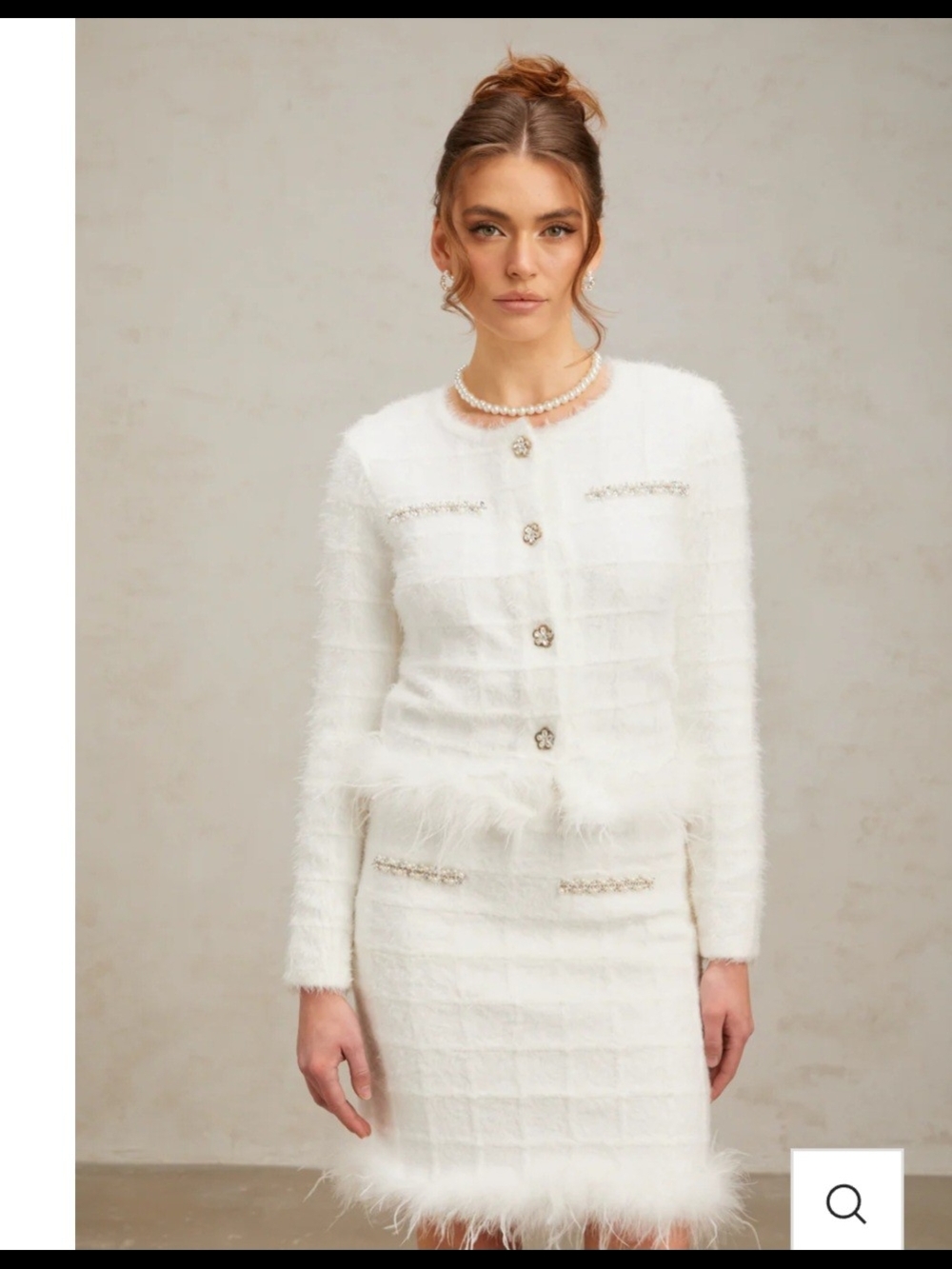 White Feather-Trim Mini Dress Set - Women L